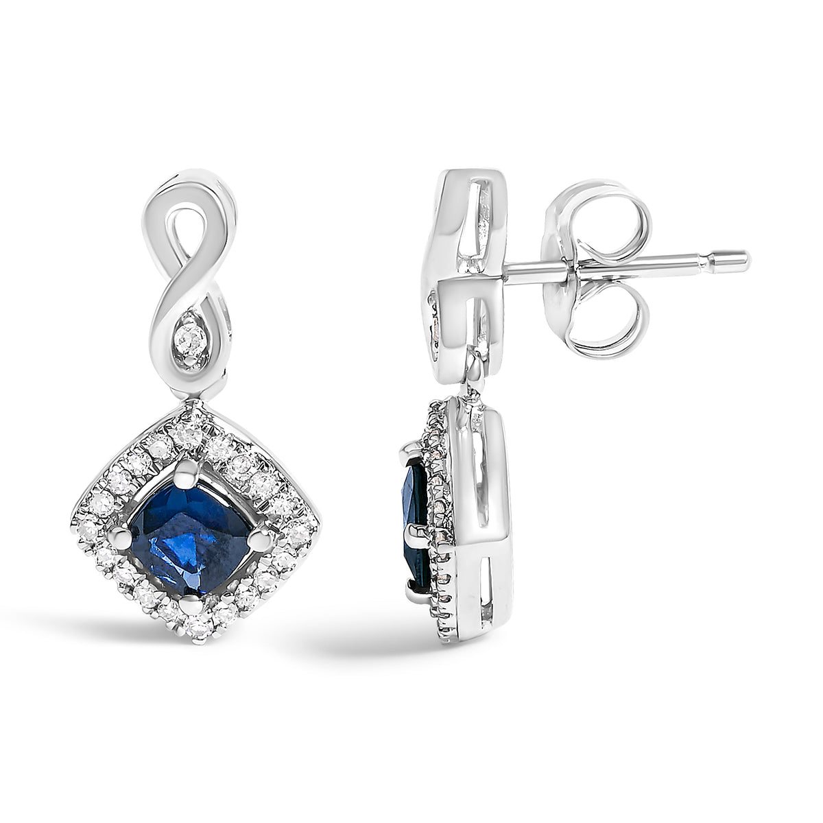 Pendientes colgantes con forma de cojín de oro blanco de 10K con zafiro azul y halo de diamantes (Color I-J, Claridad I1-I2)