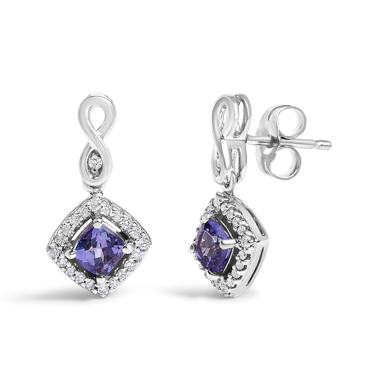Pendientes colgantes con forma de cojín, halo de tanzanita azul-violeta y diamantes en oro blanco de 10K (color I-J, claridad I1-I2)