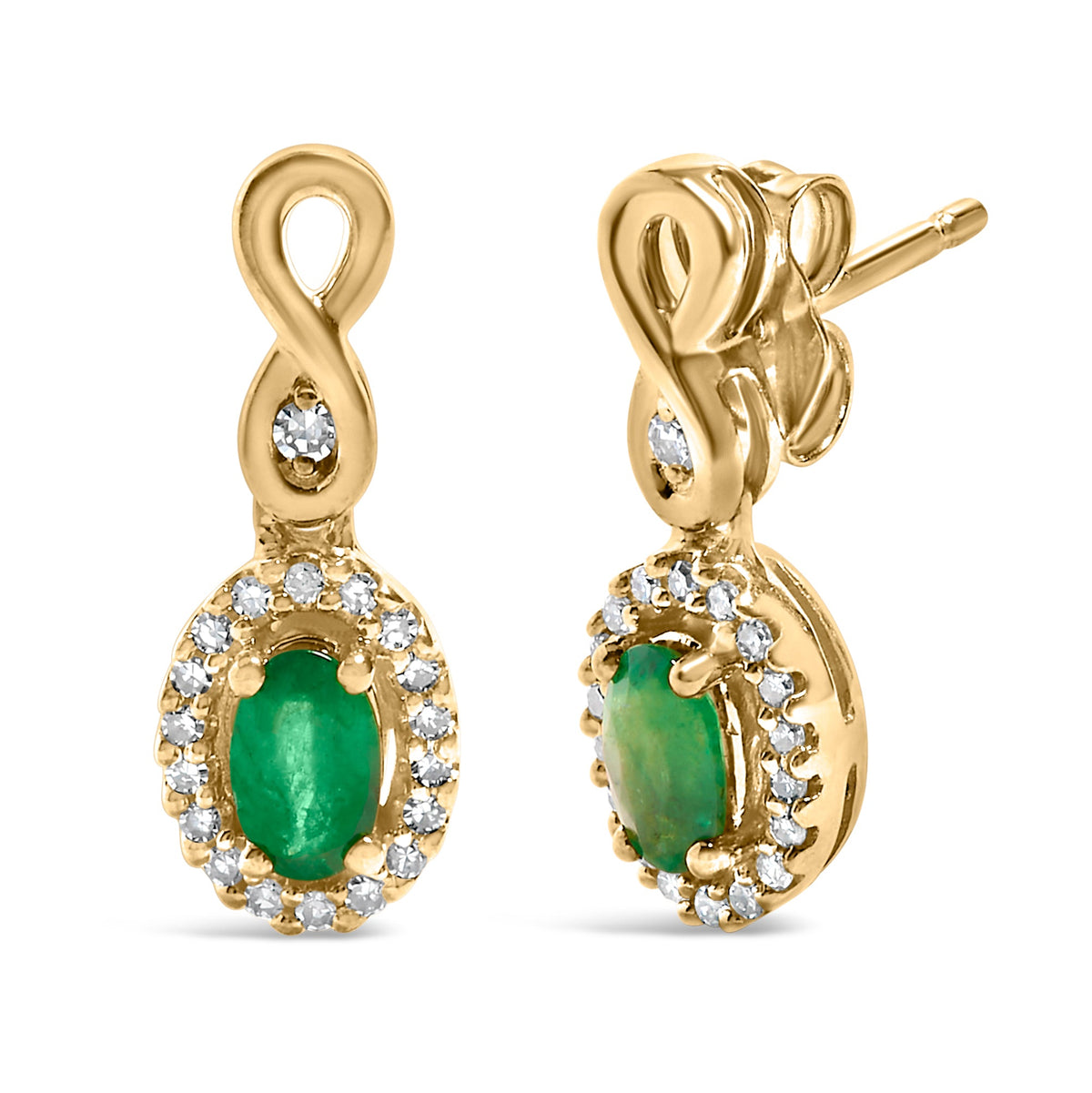 Pendientes colgantes de oro amarillo de 10K con esmeralda verde de talla ovalada de 5x3 mm y diamantes redondos de 1/7 Cttw