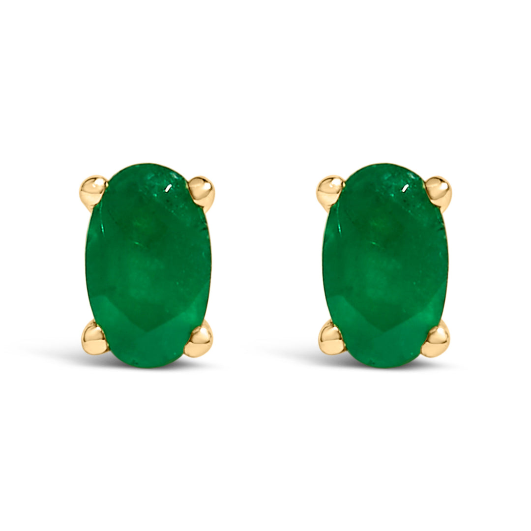 14K White Gold 5x3 MM Oval Green Emerald Solitaire Stud Earrings