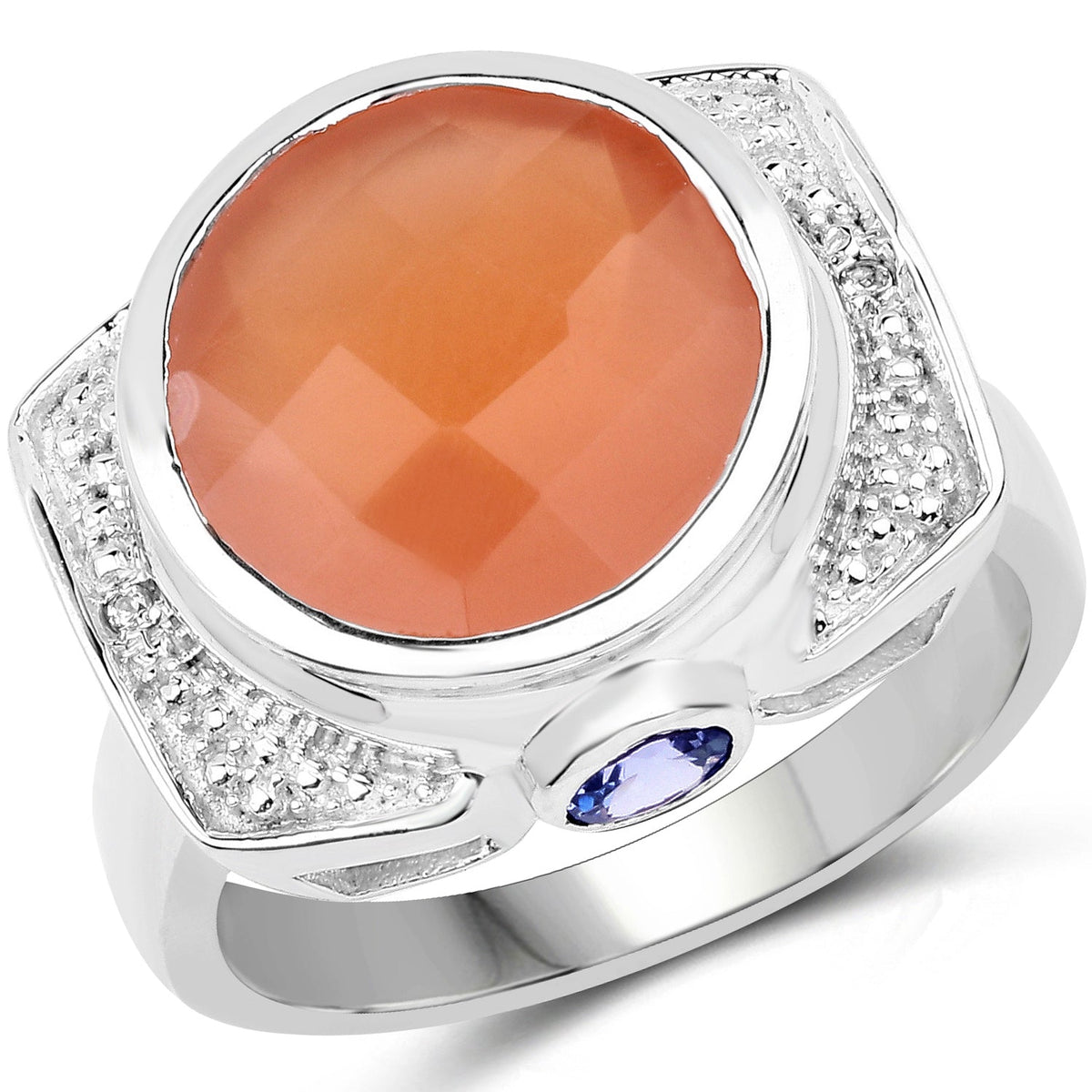 Anillo de plata de ley .925 con piedra lunar melocotón genuina de 5.99 quilates, tanzanita y topacio blanco