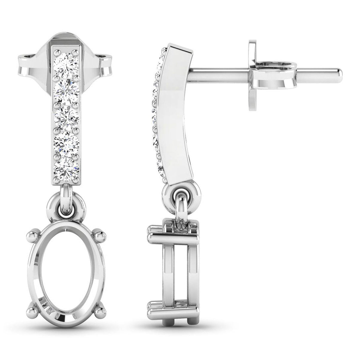 Pendientes de oro blanco de 14 quilates con montura de diamantes blancos genuinos de 0,14 quilates - admiten gemas ovaladas de 7x5 mm