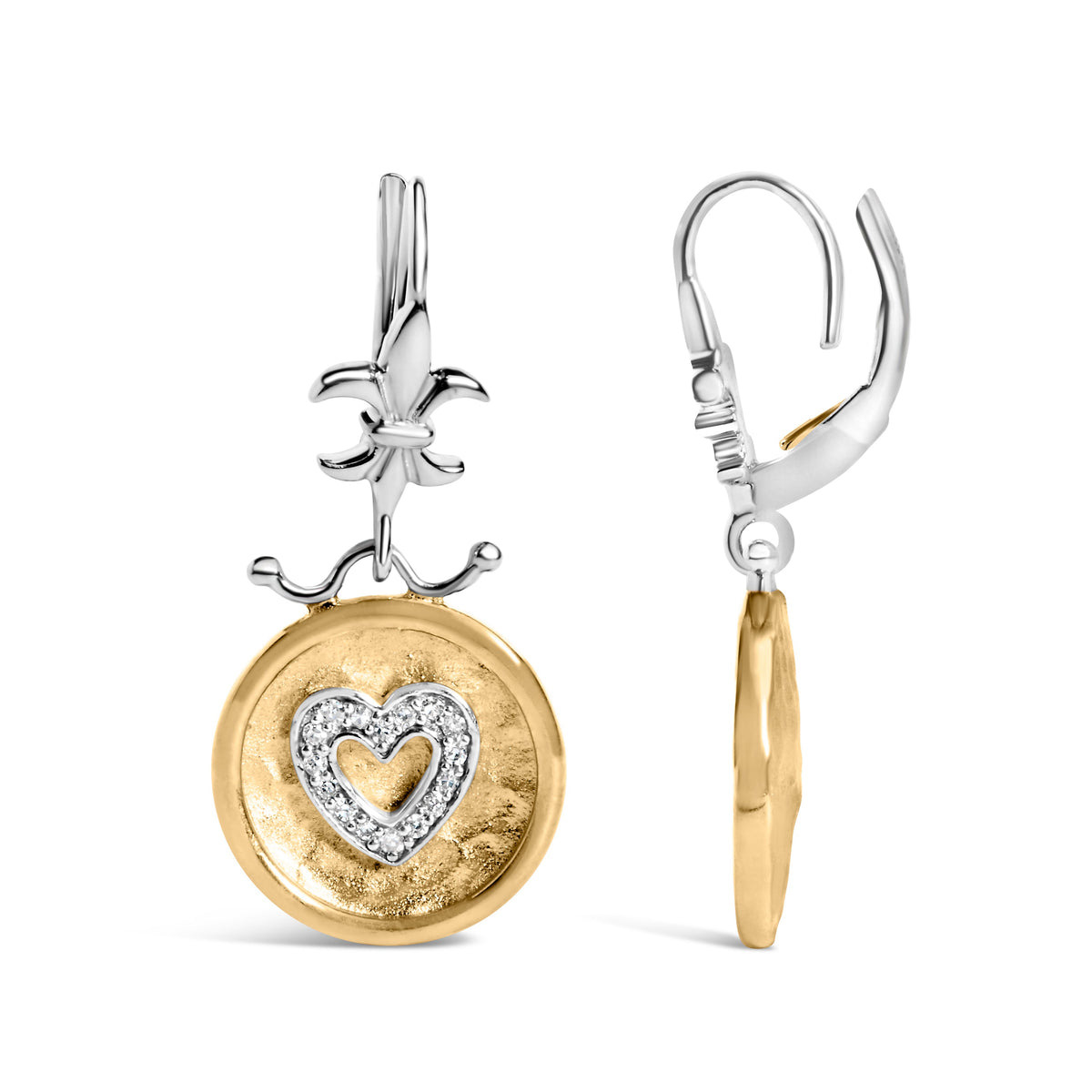Pendientes colgantes de corazón de medallón con acabado martillado de diamantes de 1/8 Cttw en plata de ley .925 con baño de oro amarillo de 18 quilates (color I-J, claridad SI1-SI2)