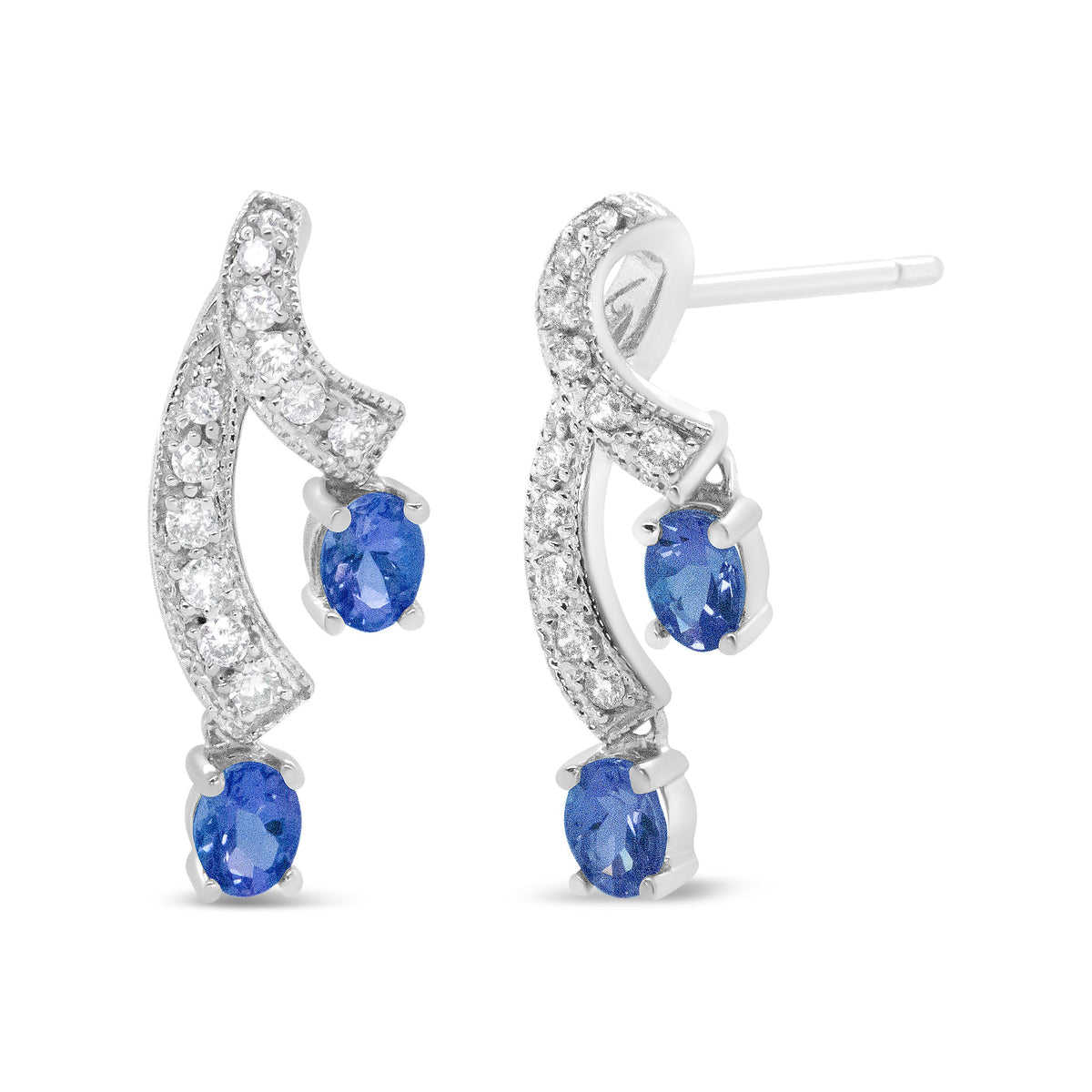 Pendientes de gota de oro blanco de 14 quilates con tanzanita azul natural ovalada de 4x3MM y diamantes de 1/5 Cttw con doble caída de 3/4" (Color H-I, Claridad VS1-VS2)