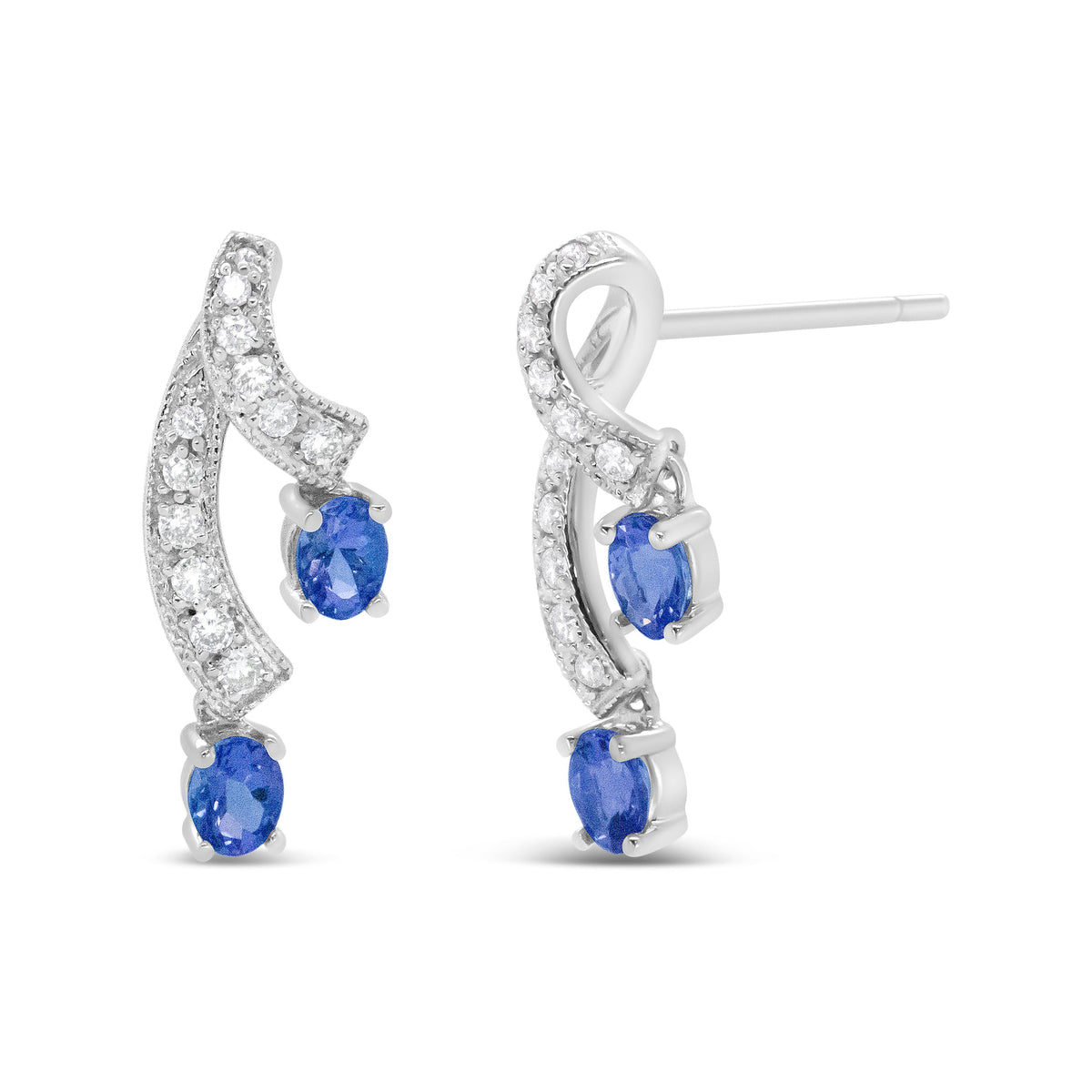 Pendientes de gota de oro blanco de 14 quilates con tanzanita azul natural ovalada de 4x3MM y diamantes de 1/5 Cttw con doble caída de 3/4" (Color H-I, Claridad VS1-VS2)