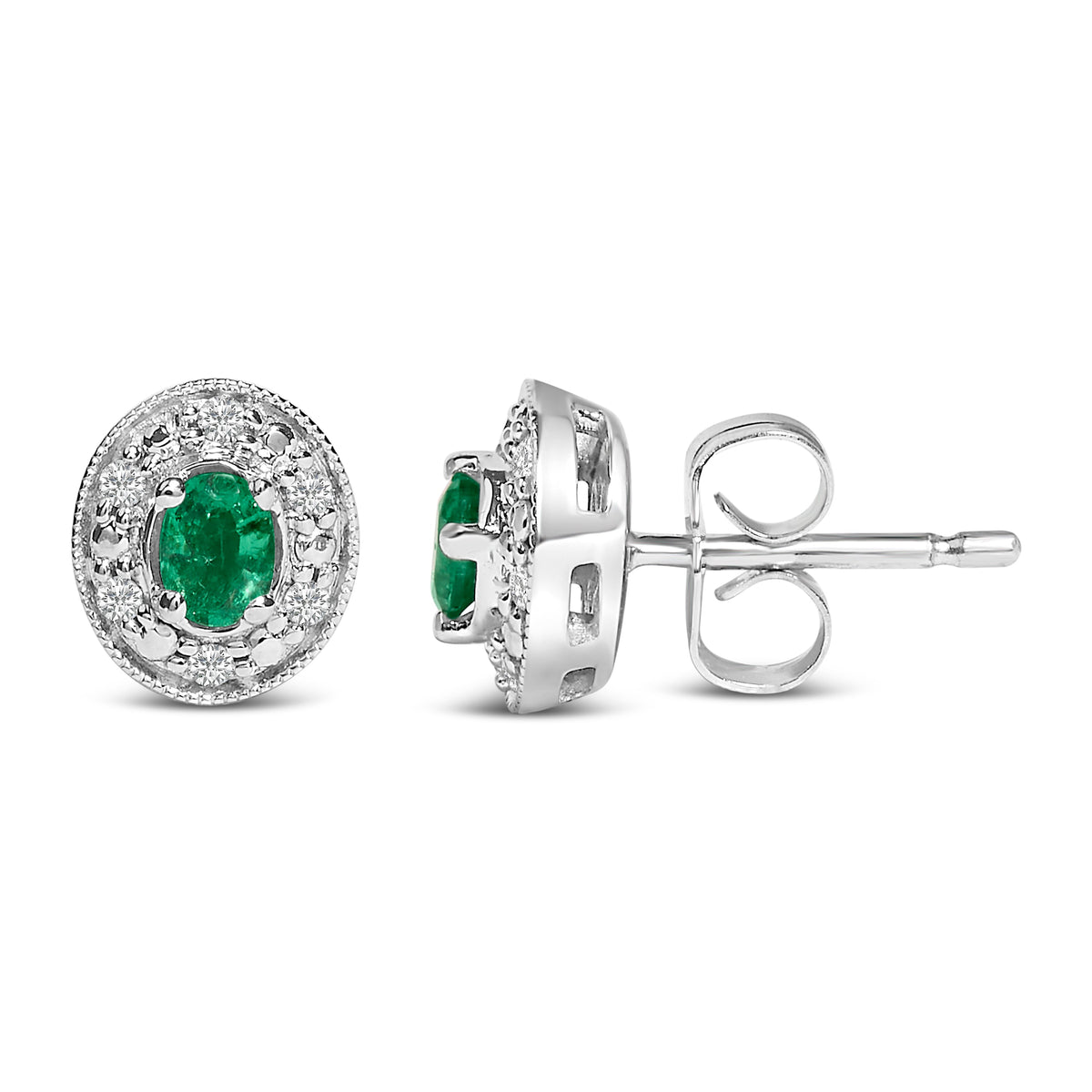 Pendientes de oro blanco de 14 quilates con halo de esmeralda verde ovalada y diamantes de 1/10 quilate (color I-J, claridad I1-I2)