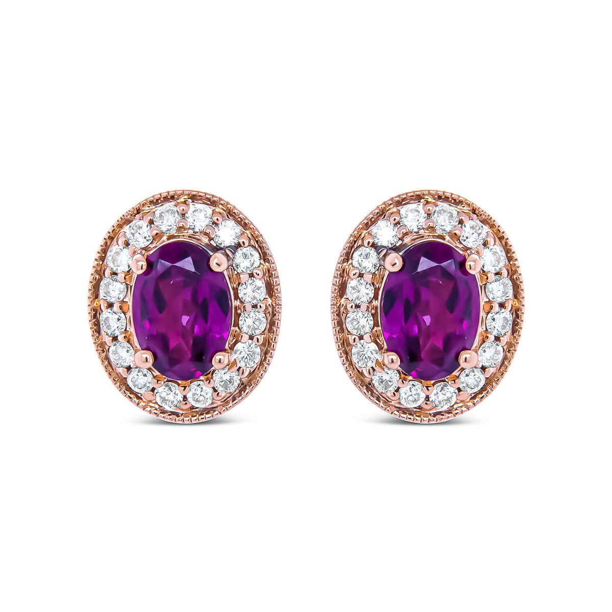 Pendientes de halo de oro rosa de 14 quilates con granate talla oval de 7x5 mm y diamantes redondos de 3/8 quilates (color G-H, claridad SI1-SI2)