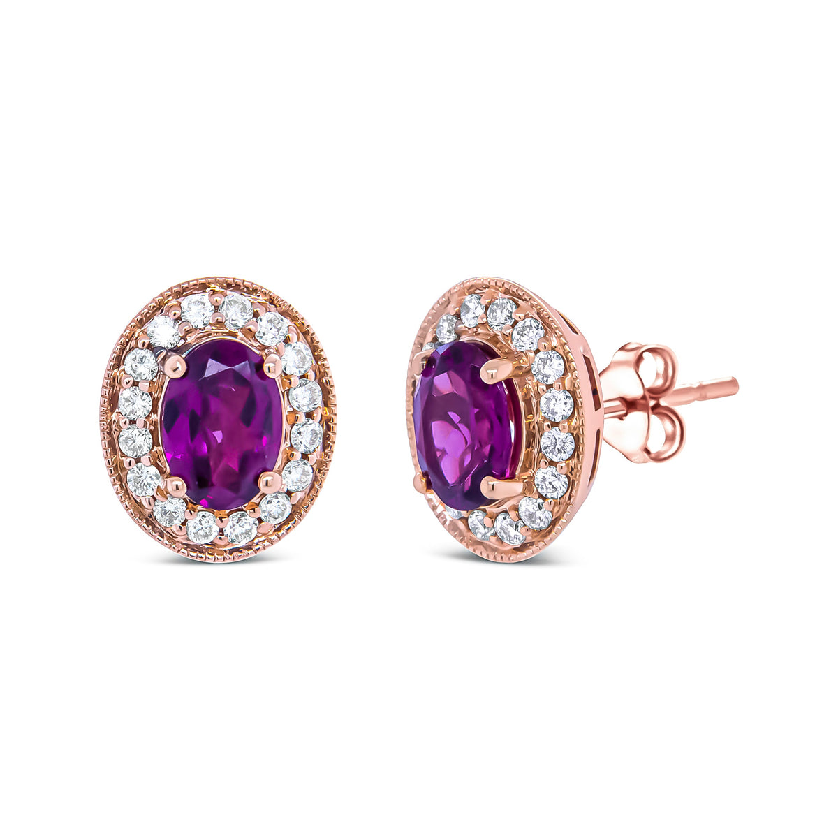 Pendientes de halo de oro rosa de 14 quilates con granate talla oval de 7x5 mm y diamantes redondos de 3/8 quilates (color G-H, claridad SI1-SI2)