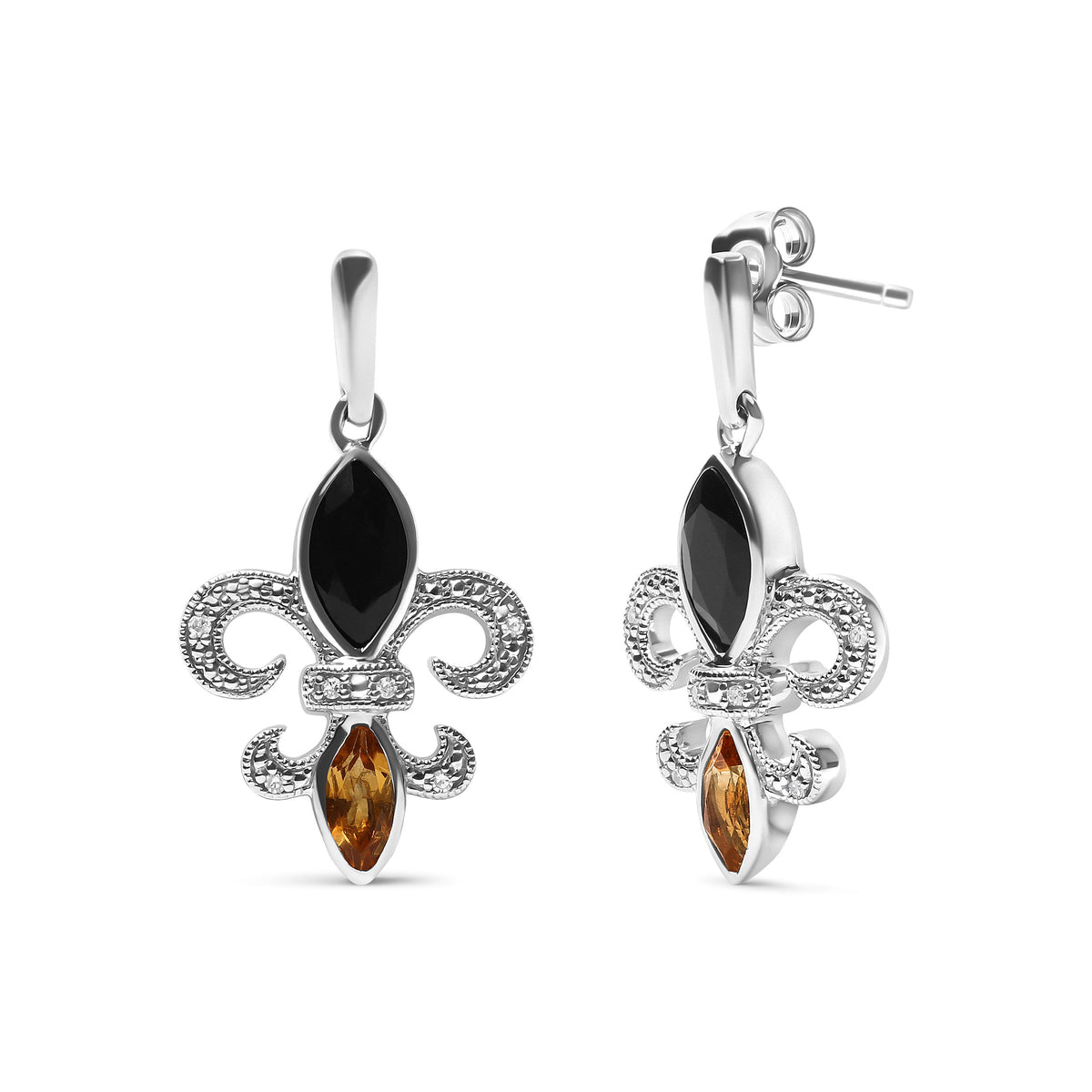 Pendientes colgantes de plata de ley .925 con forma de flor de lis, ónix y citrino talla marquesa con acento de diamante (color H-I, claridad SI1-SI2)