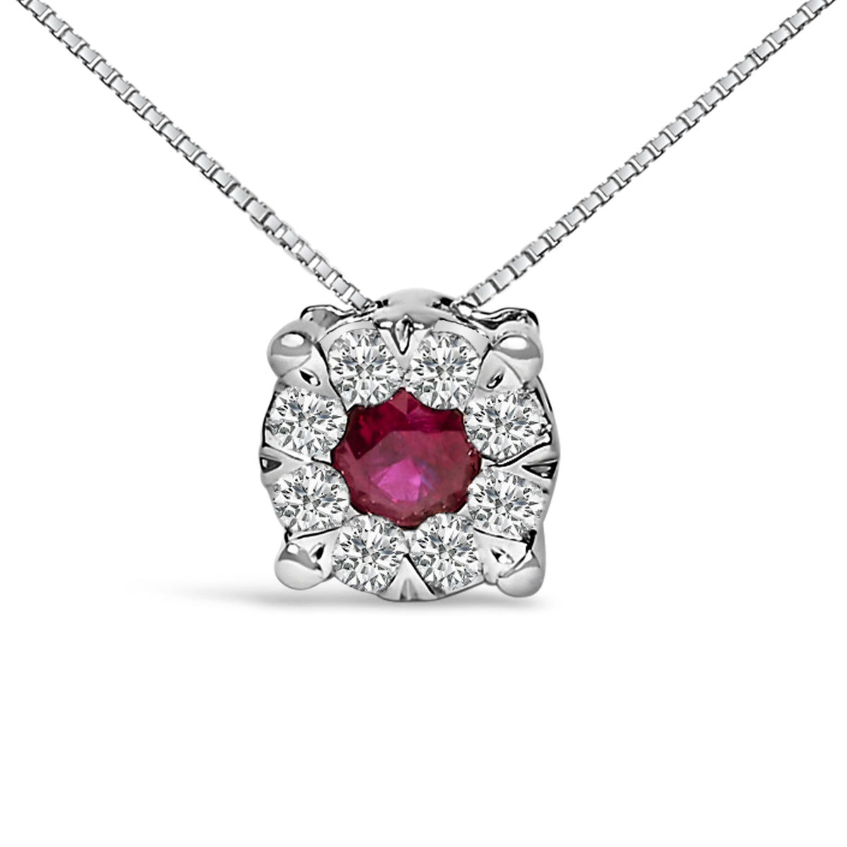 Collar con colgante de halo de oro blanco de 14 quilates con rubí rojo y diamantes de 1/3 Cttw