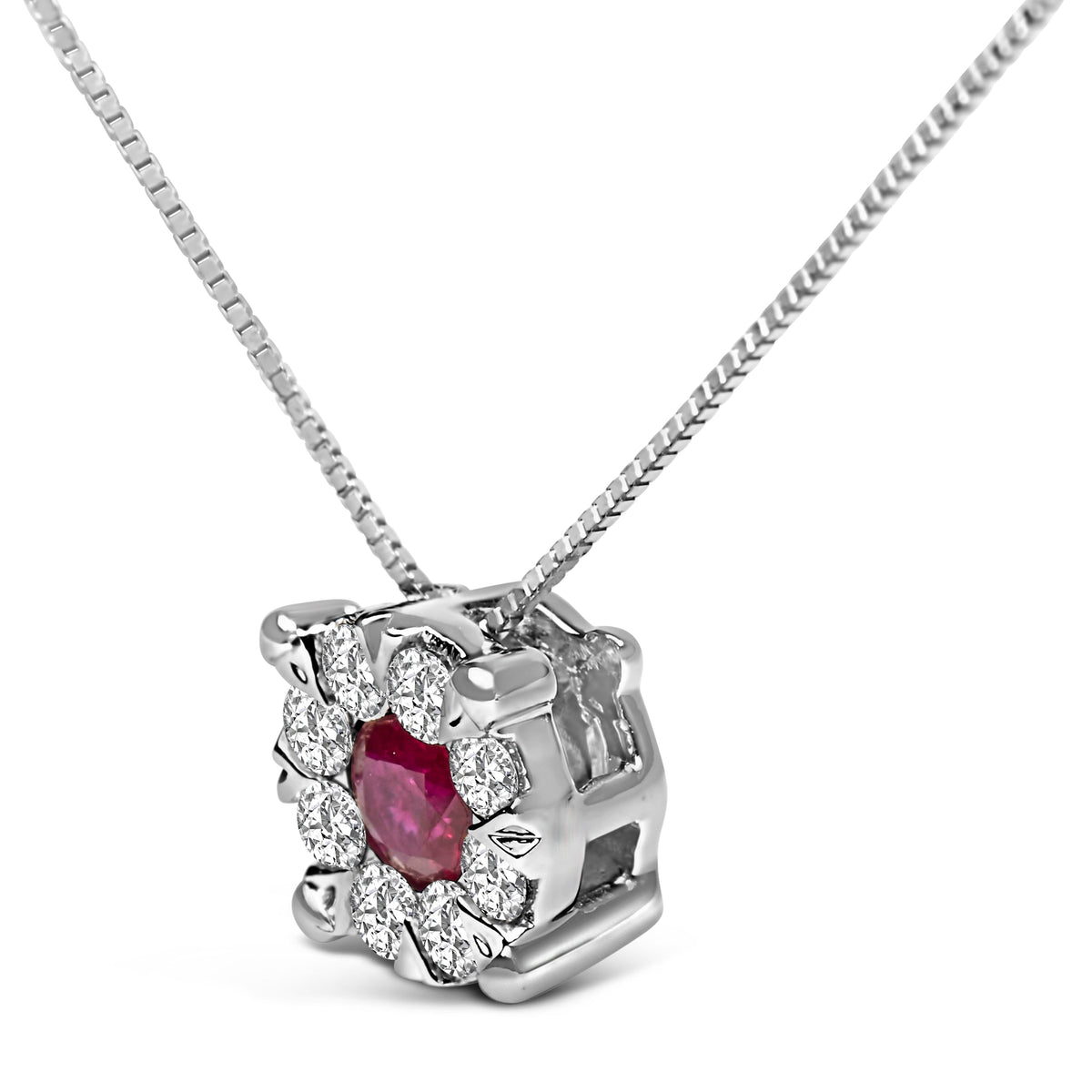 Collar con colgante de halo de oro blanco de 14 quilates con rubí rojo y diamantes de 1/3 Cttw