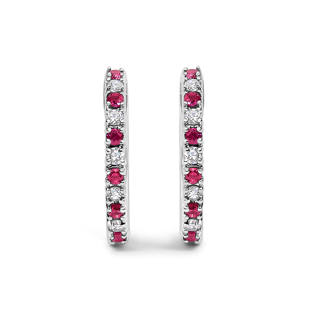 10K White Gold Alternating Diamond and Red Ruby Huggy Hoop Earrings (I-J Color, I1-I2 Clarity)