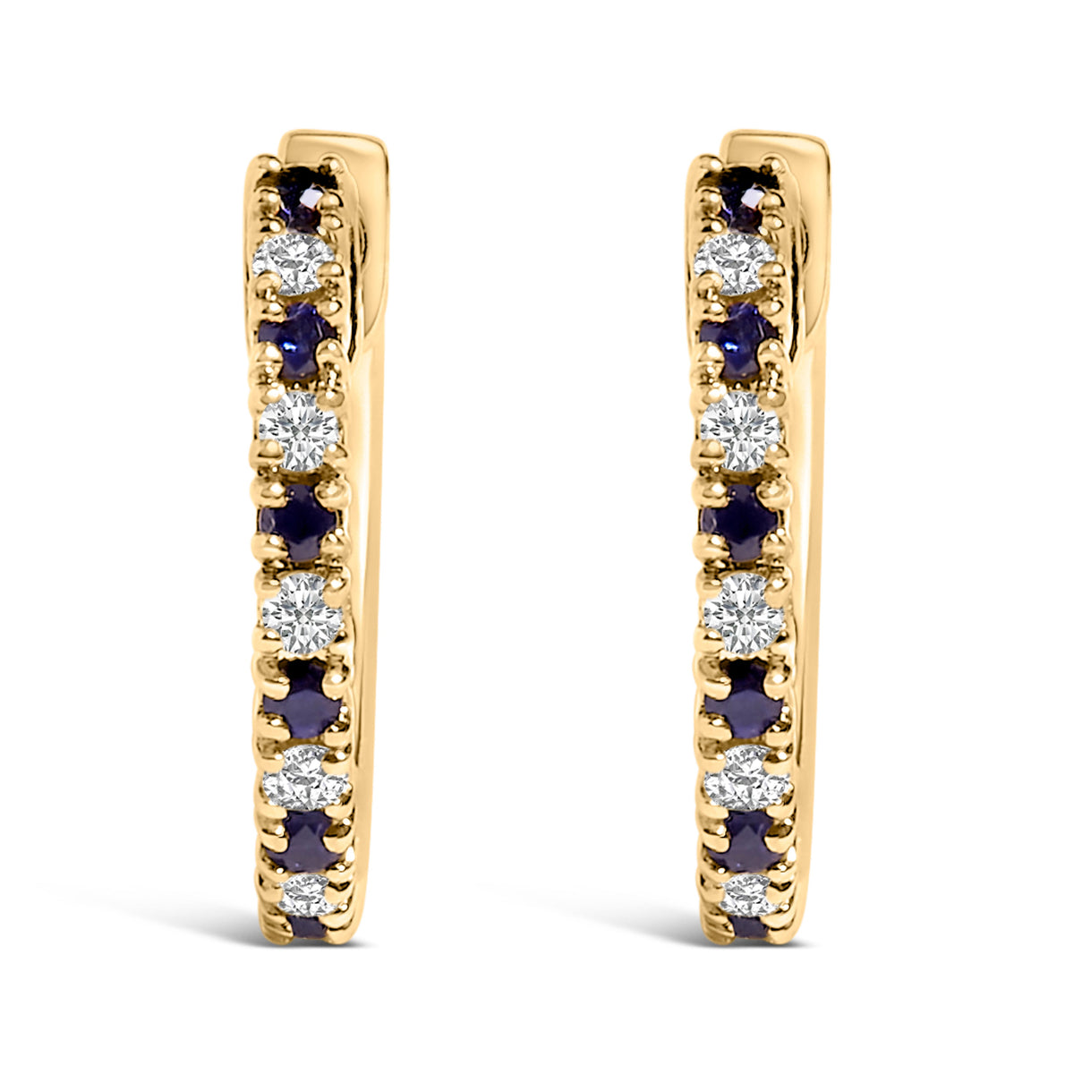 Pendientes de aro tipo "Huggy" de oro amarillo de 10K con alternancia de zafiros azules y diamantes de 1/10 Cttw (Color I-J, Claridad I1-I2)