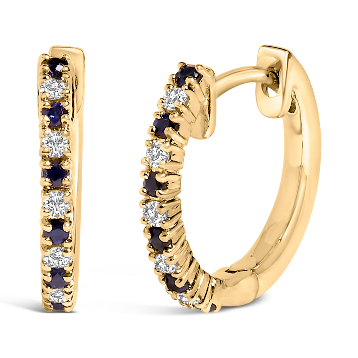 Pendientes de aro tipo "Huggy" de oro amarillo de 10K con alternancia de zafiros azules y diamantes de 1/10 Cttw (Color I-J, Claridad I1-I2)