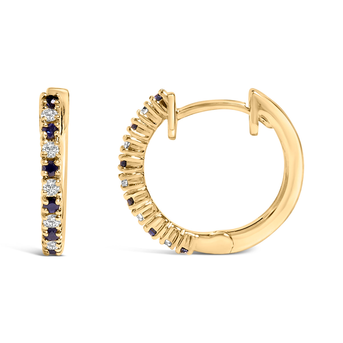 Pendientes de aro tipo "Huggy" de oro amarillo de 10K con alternancia de zafiros azules y diamantes de 1/10 Cttw (Color I-J, Claridad I1-I2)