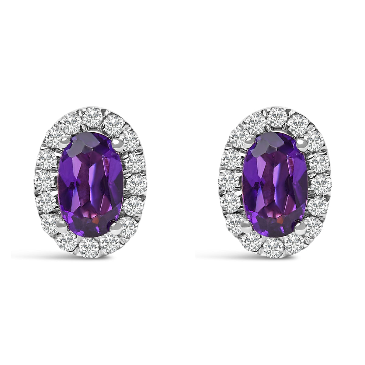Pendientes de oro blanco de 10K con halo de amatista púrpura ovalada de 5x3 MM y diamantes (color I-J, claridad I1-I2)