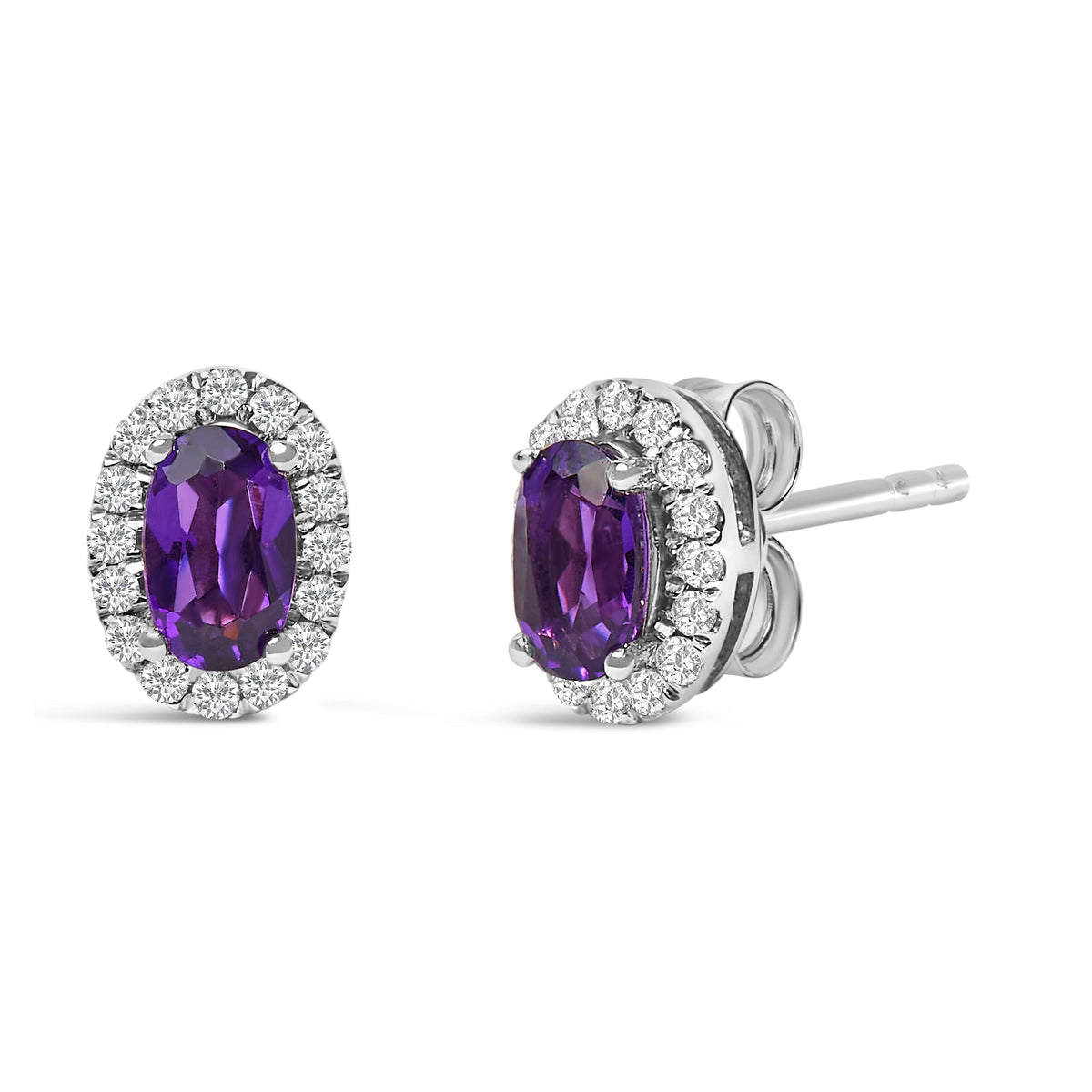 Pendientes de oro blanco de 10K con halo de amatista púrpura ovalada de 5x3 MM y diamantes (color I-J, claridad I1-I2)