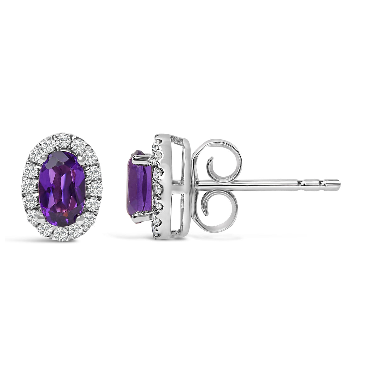 Pendientes de oro blanco de 10K con halo de amatista púrpura ovalada de 5x3 MM y diamantes (color I-J, claridad I1-I2)