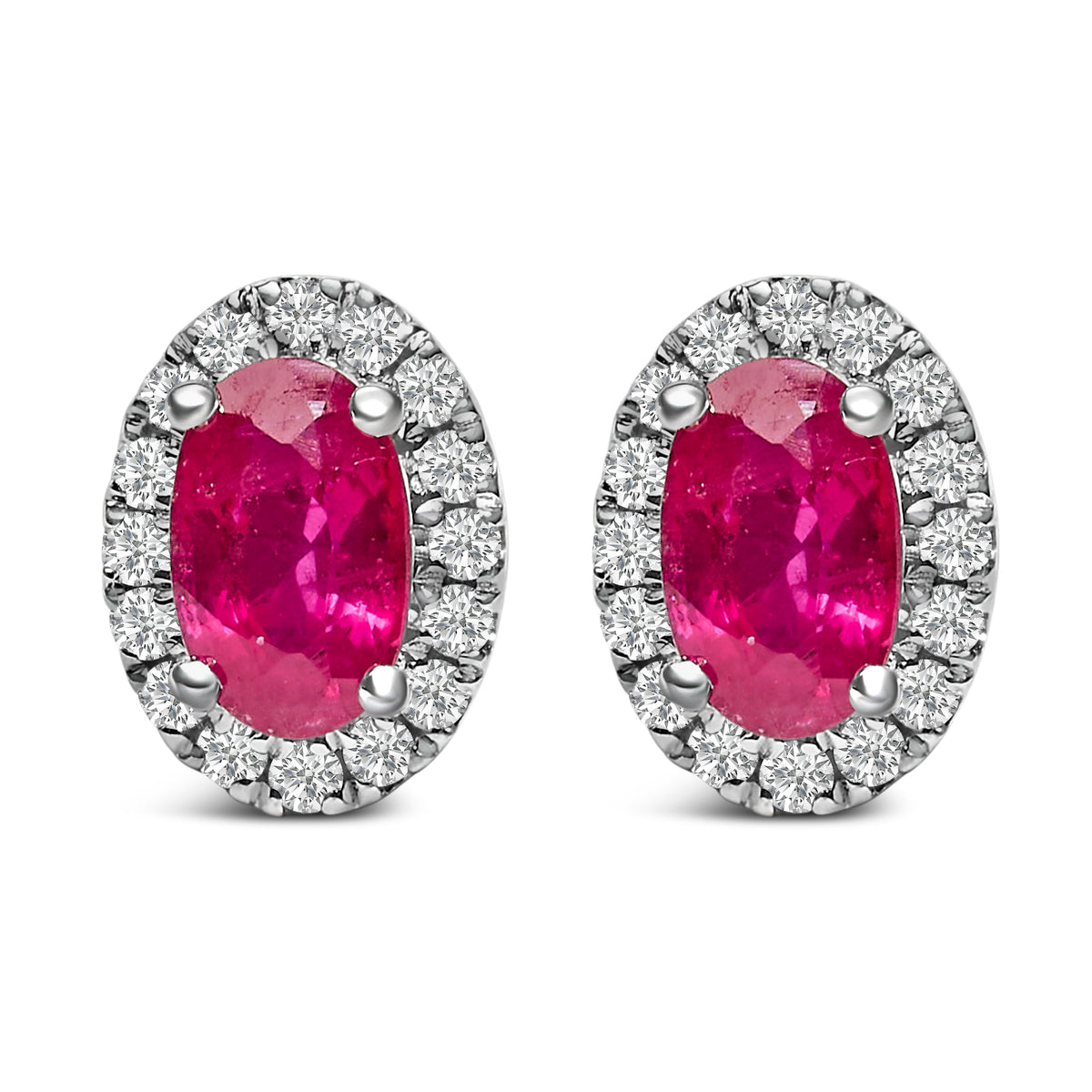 Pendientes de oro blanco de 10K con halo de amatista púrpura ovalada de 5x3 MM y diamantes (color I-J, claridad I1-I2)
