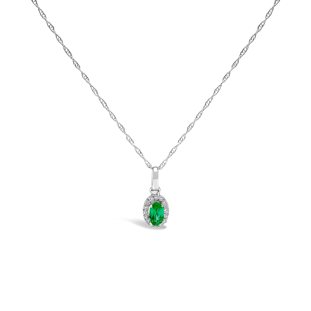 10K White Gold 5x3mm Green Emerald and Diamond Accent Halo Oval Shape 18" Pendant Necklace (I-J Color, I1-I2 Clarity)