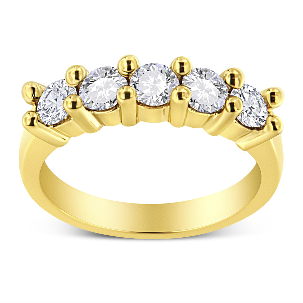 Anillo de banda de 5 piedras de plata de ley .925 chapado en oro amarillo de 14K con diamante redondo de 1.0 Cttw engarzado en garras compartidas (Color J-K, Claridad I1-I2) - Talla 7