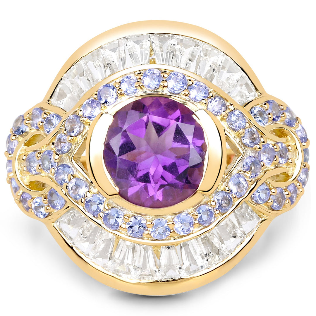 Anillo de plata esterlina .925 con amatista genuina de 3.93 quilates, tanzanita y topacio blanco, bañado en oro amarillo de 14K