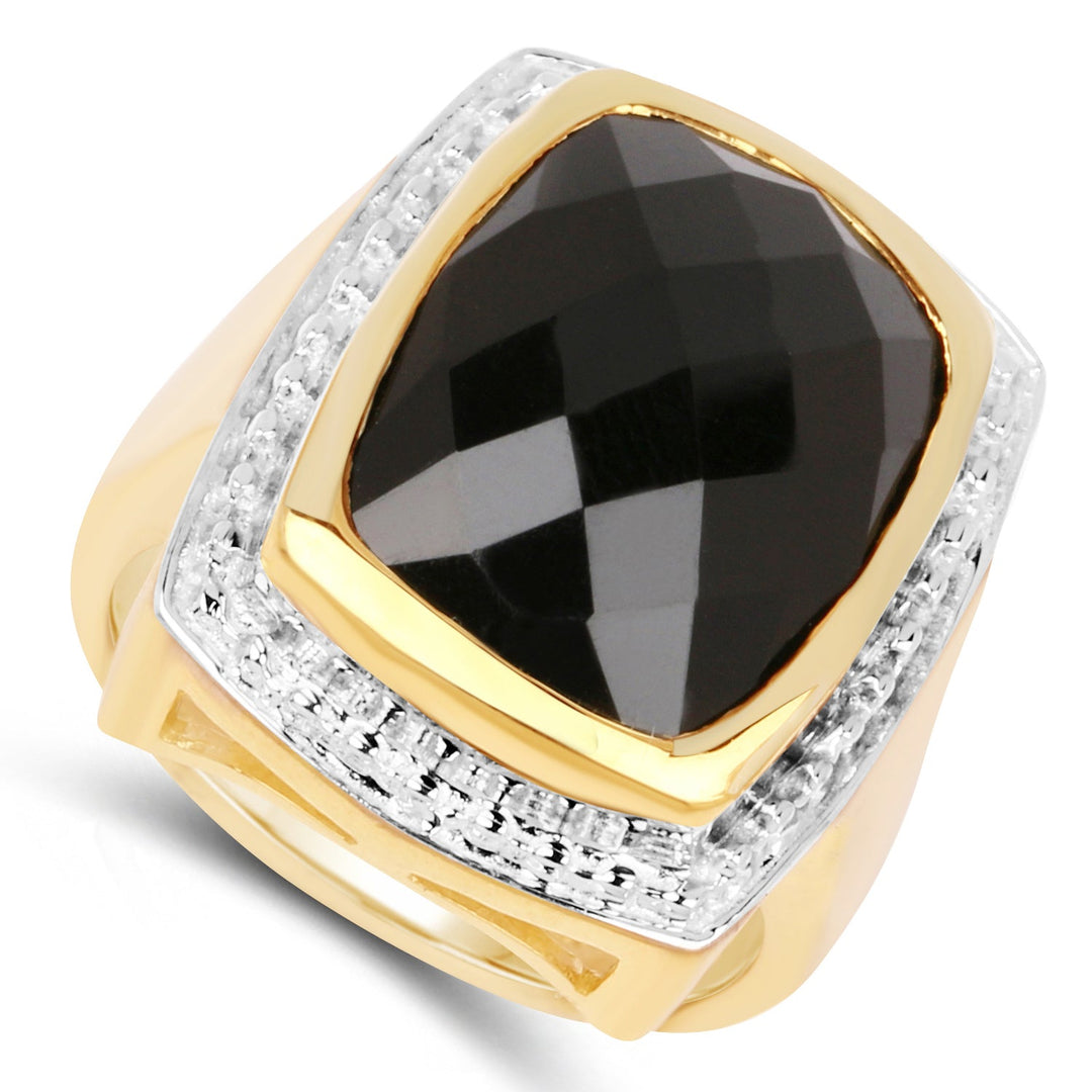 Anillo de Plata de ley .925 Chapado en Oro Amarillo de 14K con Ónix Negro Genuino de 11.00 Quilates