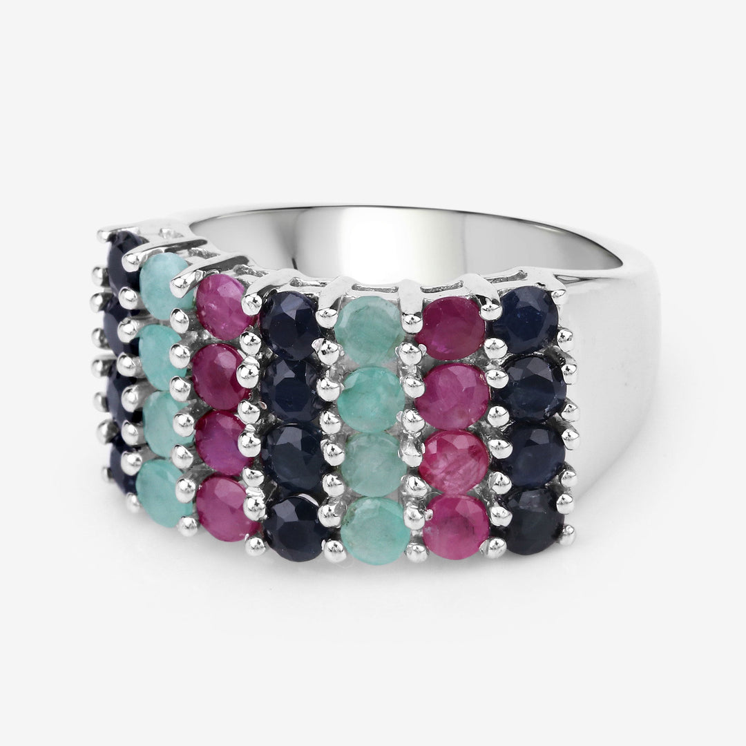 Anillo de Plata Fina .925 con Esmeralda, Rubí y Zafiro Negro Genuinos de 3.40 Quilates