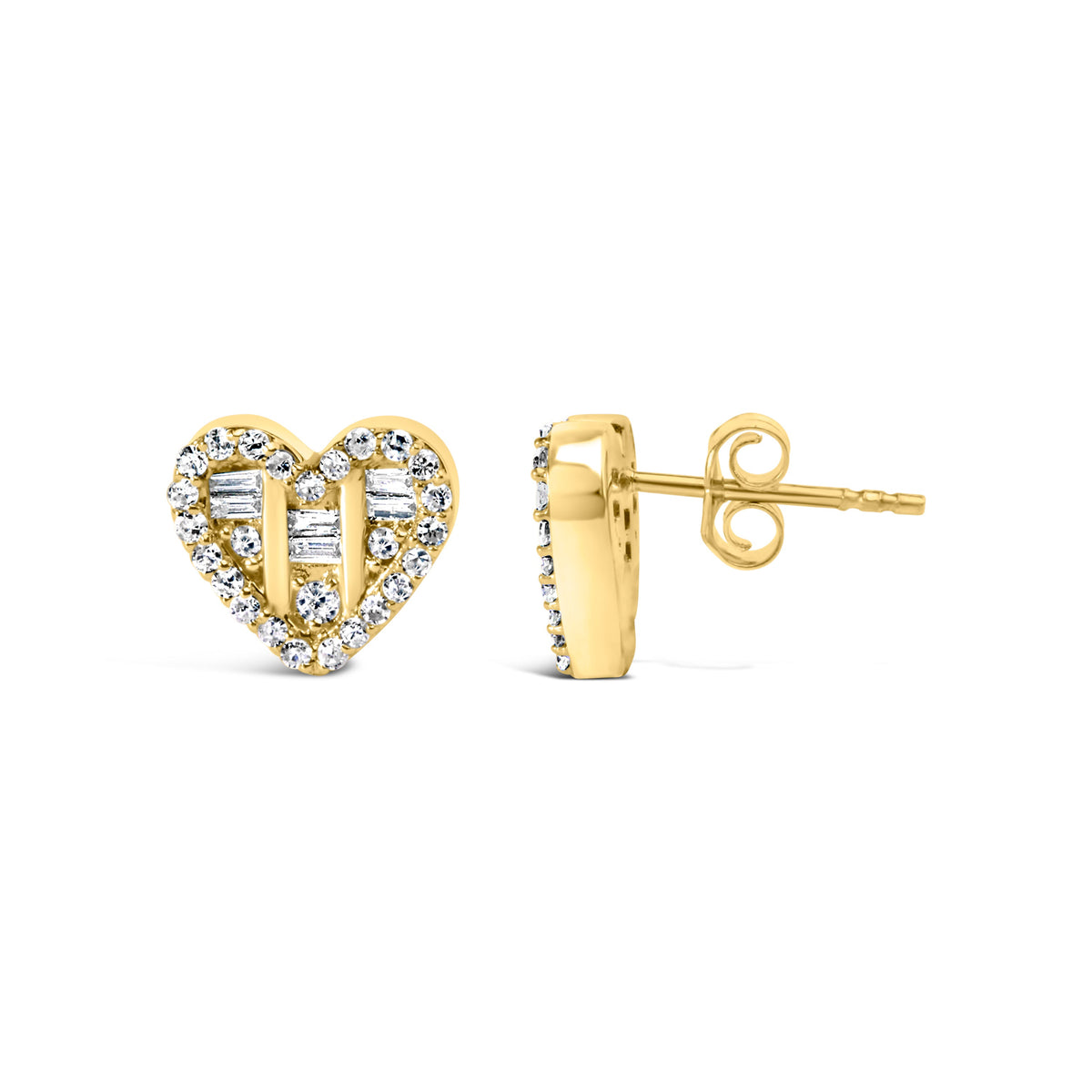 Pendientes con forma de corazón en oro amarillo de 14 quilates chapado en plata de ley .925 con diamantes redondos y baguette de 1/2 quilate en total (color I-J, claridad SI2-I1)