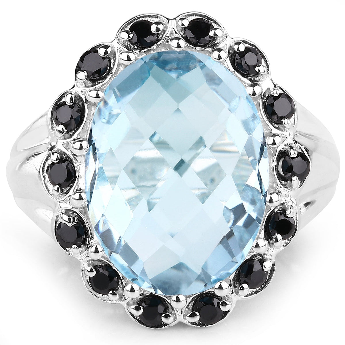 Anillo de plata de ley .925 con topacio azul genuino de 12.49 quilates y espinela negra
