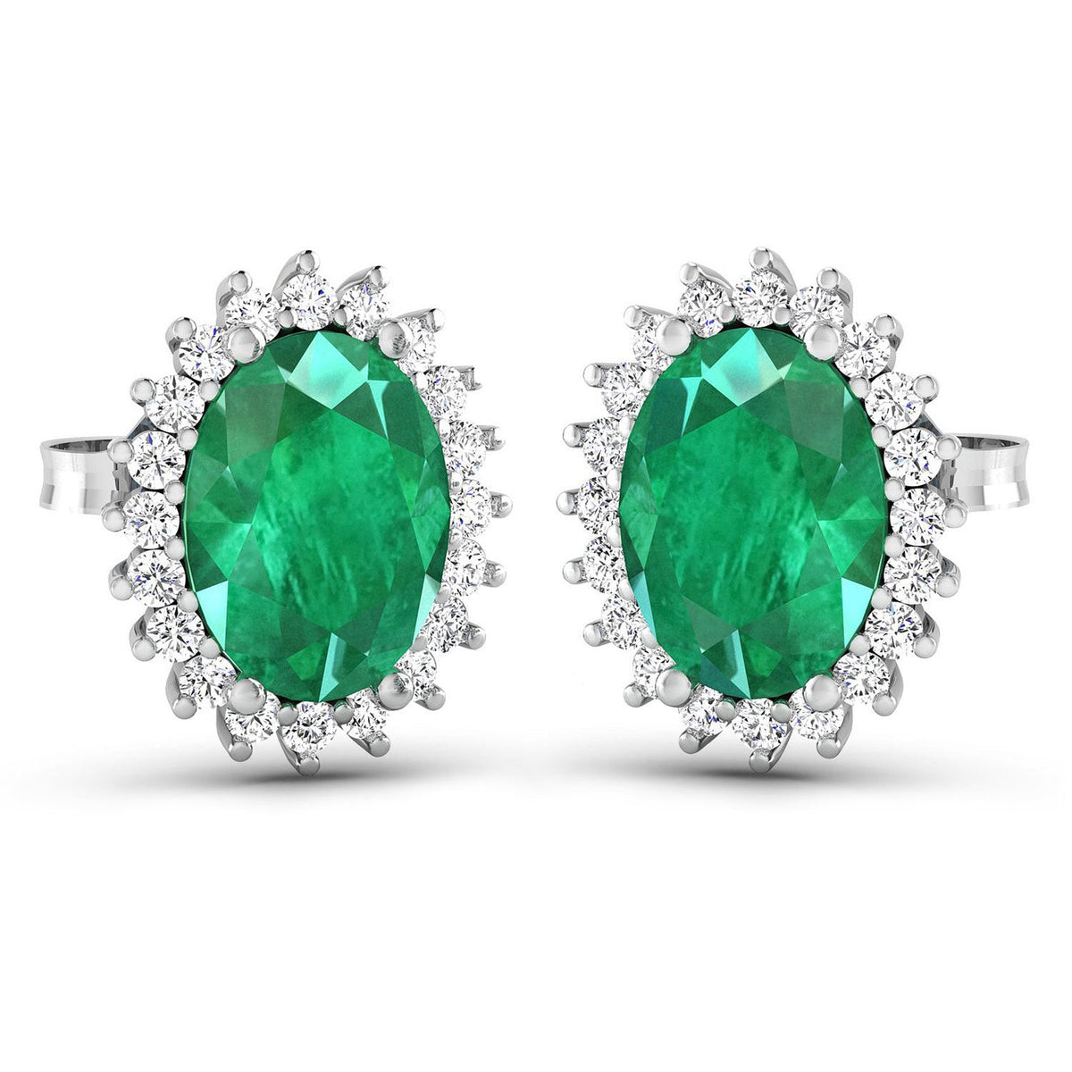 Pendientes de oro blanco de 14 quilates con esmeralda zambiana auténtica de 2,66 quilates y diamantes blancos