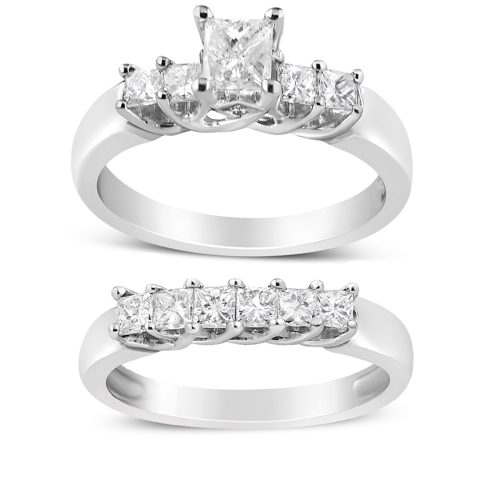Juego de anillos de compromiso y boda de oro blanco de 14 quilates con 5 diamantes princesa de 1,5 quilates en total (color H-I, claridad SI2-I1) - Talla 7