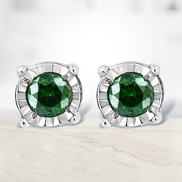 Pendientes solitarios de plata de ley con diamantes verdes tratados talla rosa (0,25 ct. peso total, color verde, claridad I2-I3)