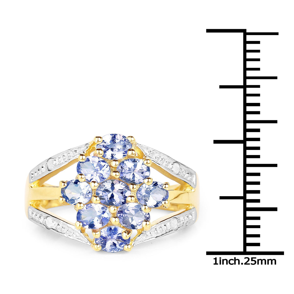 Anillo de plata de ley 925 chapado en oro amarillo de 14 quilates con tanzanita auténtica de 1,59 quilates y topacio blanco