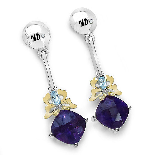 Pendientes de plata de ley .925 con amatista genuina de 3,79 quilates, topacio azul y diamantes blancos