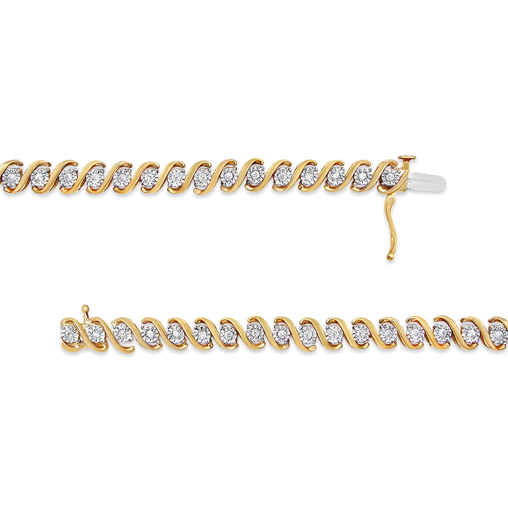Pulsera de tenis de oro amarillo de 14 quilates chapado en plata de ley .925 con diamantes redondos de 1/2 quilate engarzados en milagro, en forma de S (color I-J, claridad I3) - 7"