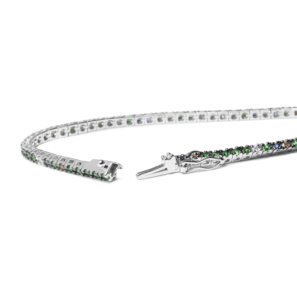 Pulsera de tenis multicolor de oro blanco de 18K con 3/8 quilates de diamantes, zafiros azules y tsavoritas verdes (Color Marrón y G-H, Claridad SI1-SI2) - Talla 7"