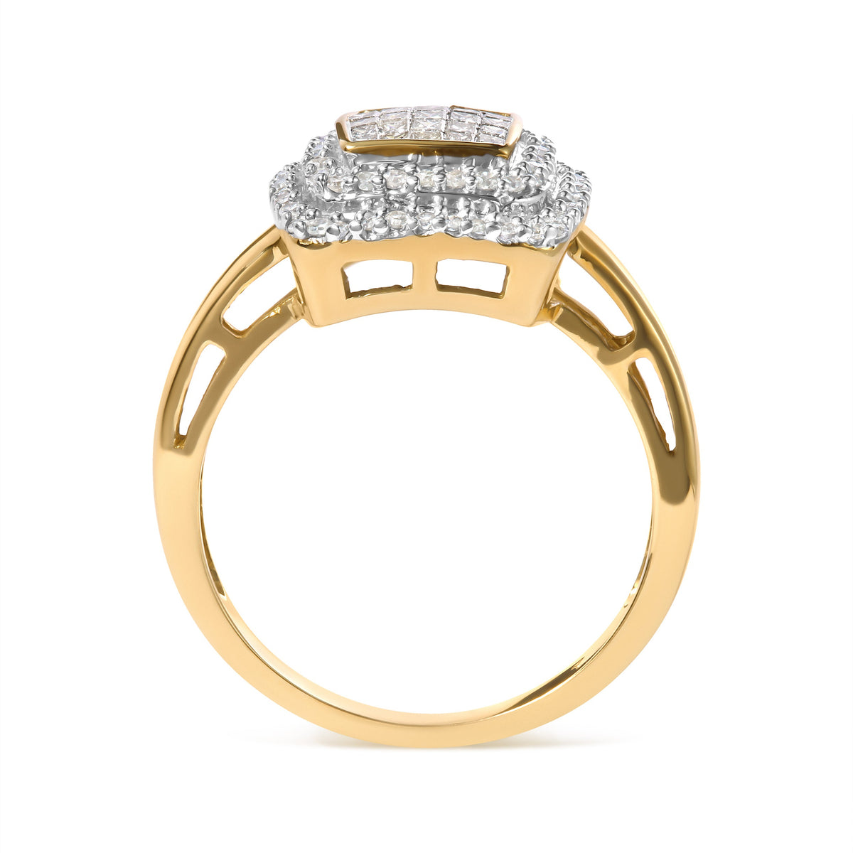 Anillo en oro amarillo de 10 qt con cabeza compuesta de diamantes redondos y talla princesa de 1/2 quilate en total y halo (color H-I, claridad SI1-SI2) - Talla 7