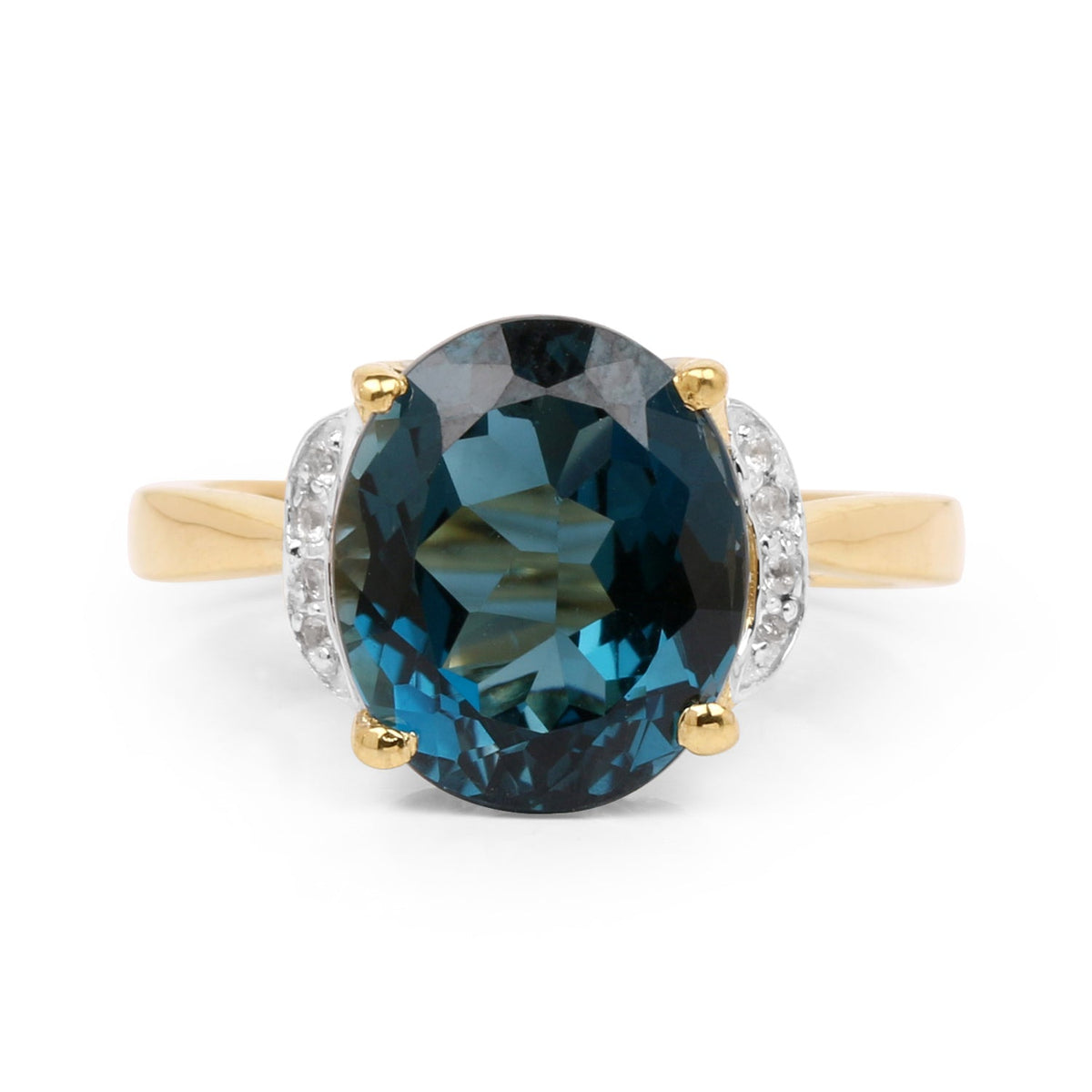 Anillo de plata de ley 925 con topacio azul de Londres genuino de 6,09 quilates y diamante blanco, chapado en oro amarillo de 14 quilates