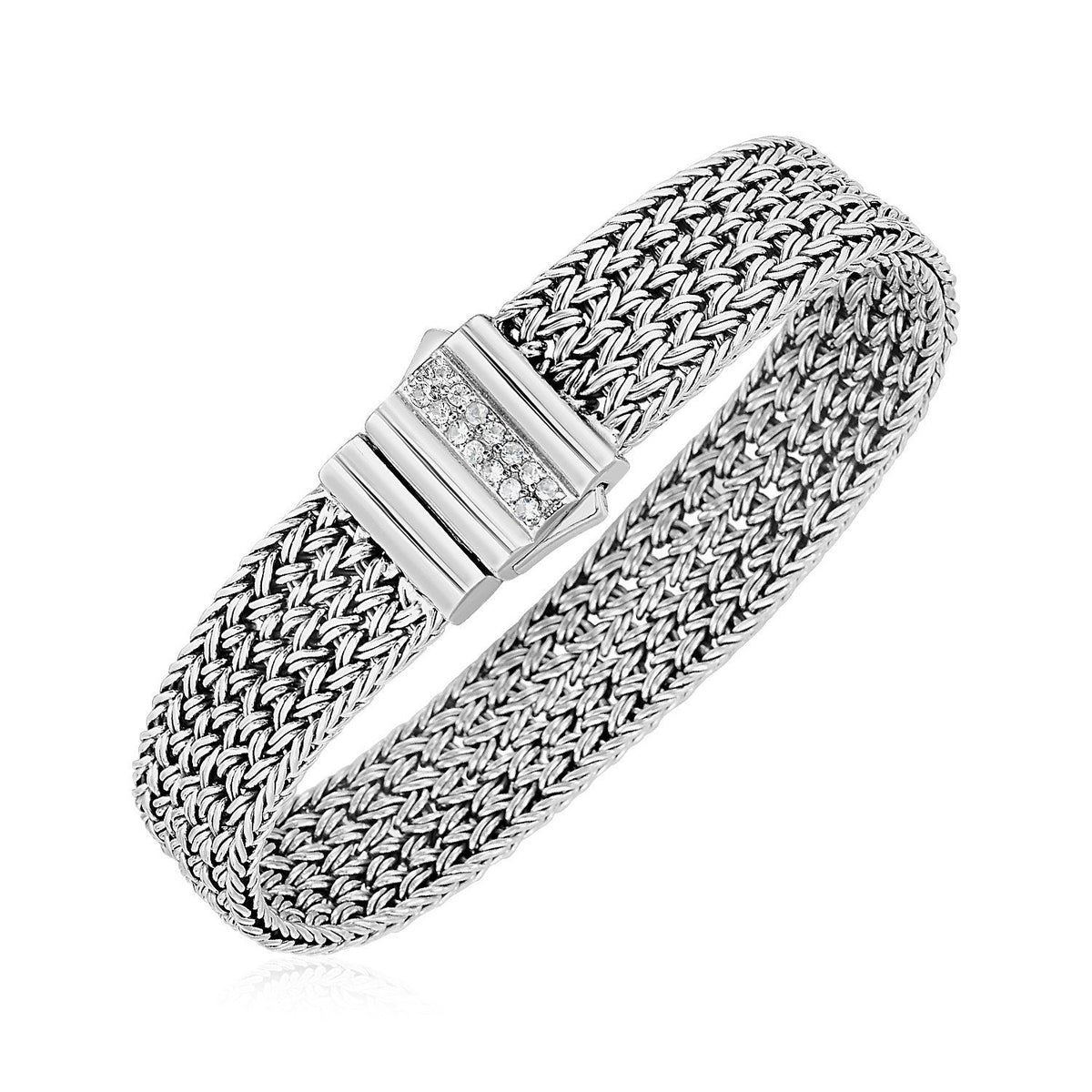 Pulsera de cuerda trenzada con cierre acentuado con zafiros blancos en plata de ley