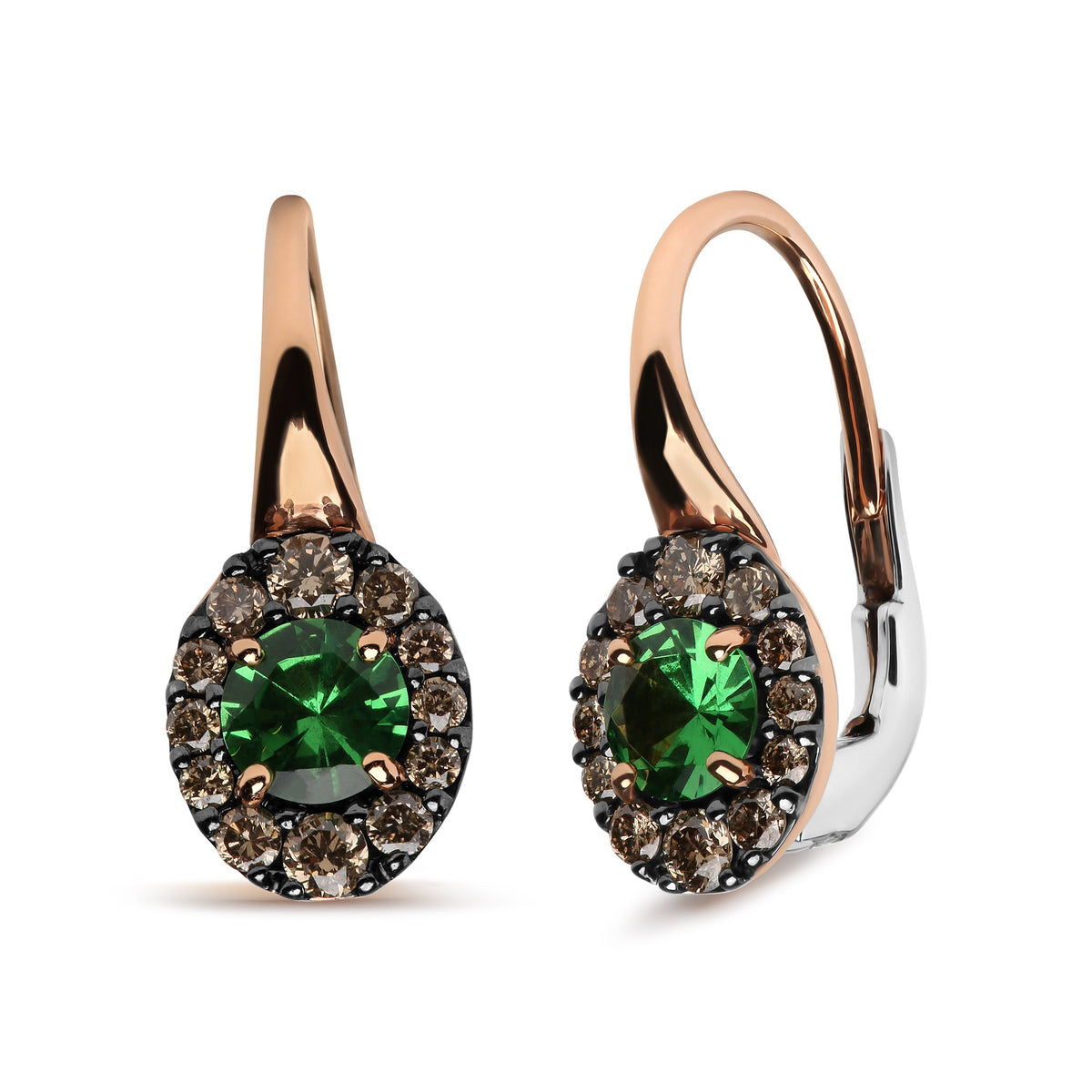Pendientes de aro colgantes de oro rosa y blanco de 18K con diamantes marrones redondos de 3/8 Cttw y halo de gemas de tsavorita verde redondas (color marrón, claridad SI1-SI2)