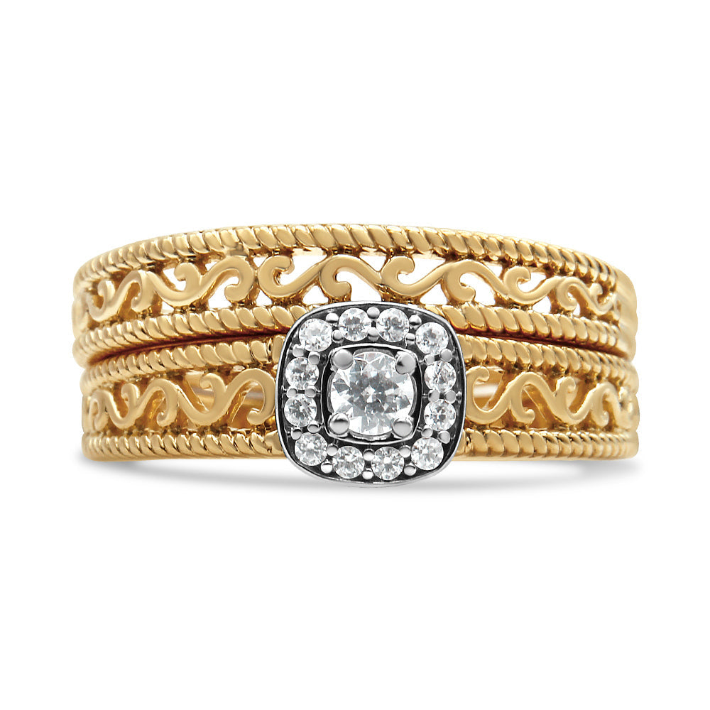Juego de anillos de compromiso de oro amarillo de 14 quilates con baño de plata esterlina .925, halo de diamante de 1/5 quilates y acabado milgrain (color I-J, claridad I3) - Talla 7