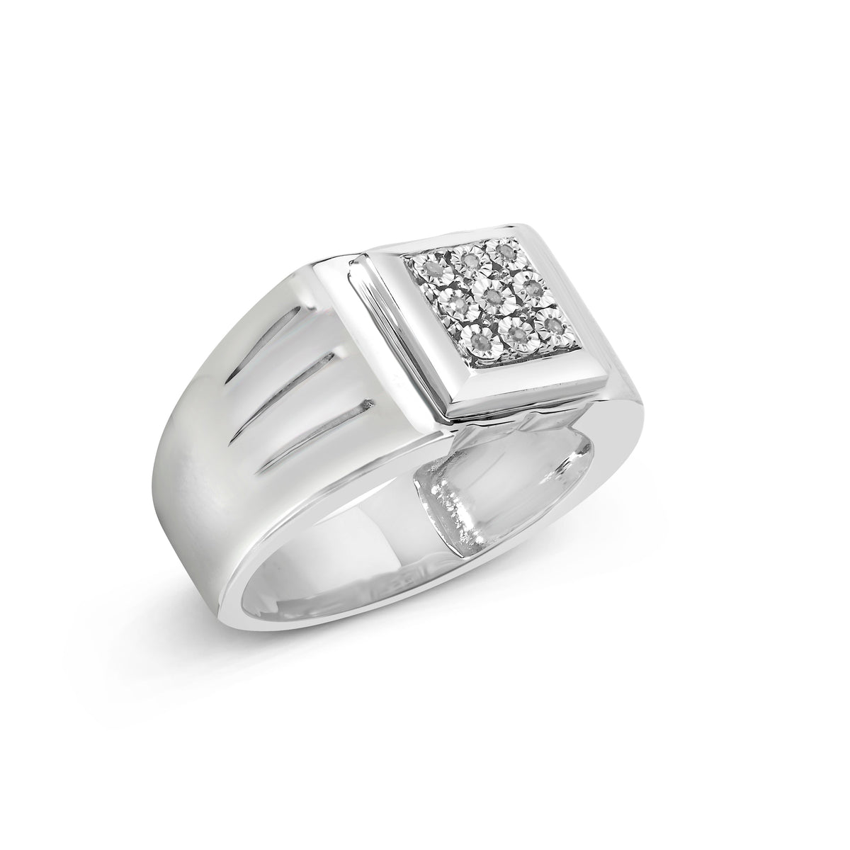 Anillo de moda para hombre de plata esterlina .925 con acentos de diamante en engaste milagro de 9 piedras y banda estriada (color I-J, claridad I3) - Talla 10