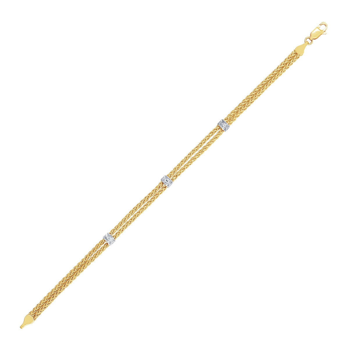 Pulsera de cadena doble de trigo de oro bicolor de 14k con estaciones de diamante (0,02 quilates en total)