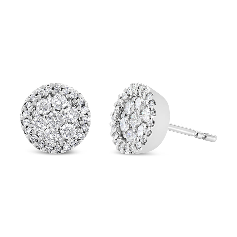 Pendientes de botón redondos de racimo estilo halo con diamantes de talla brillante de 1,0 Cttw en oro blanco de 14K, certificados por AGS (color G-H, claridad I1-I2)