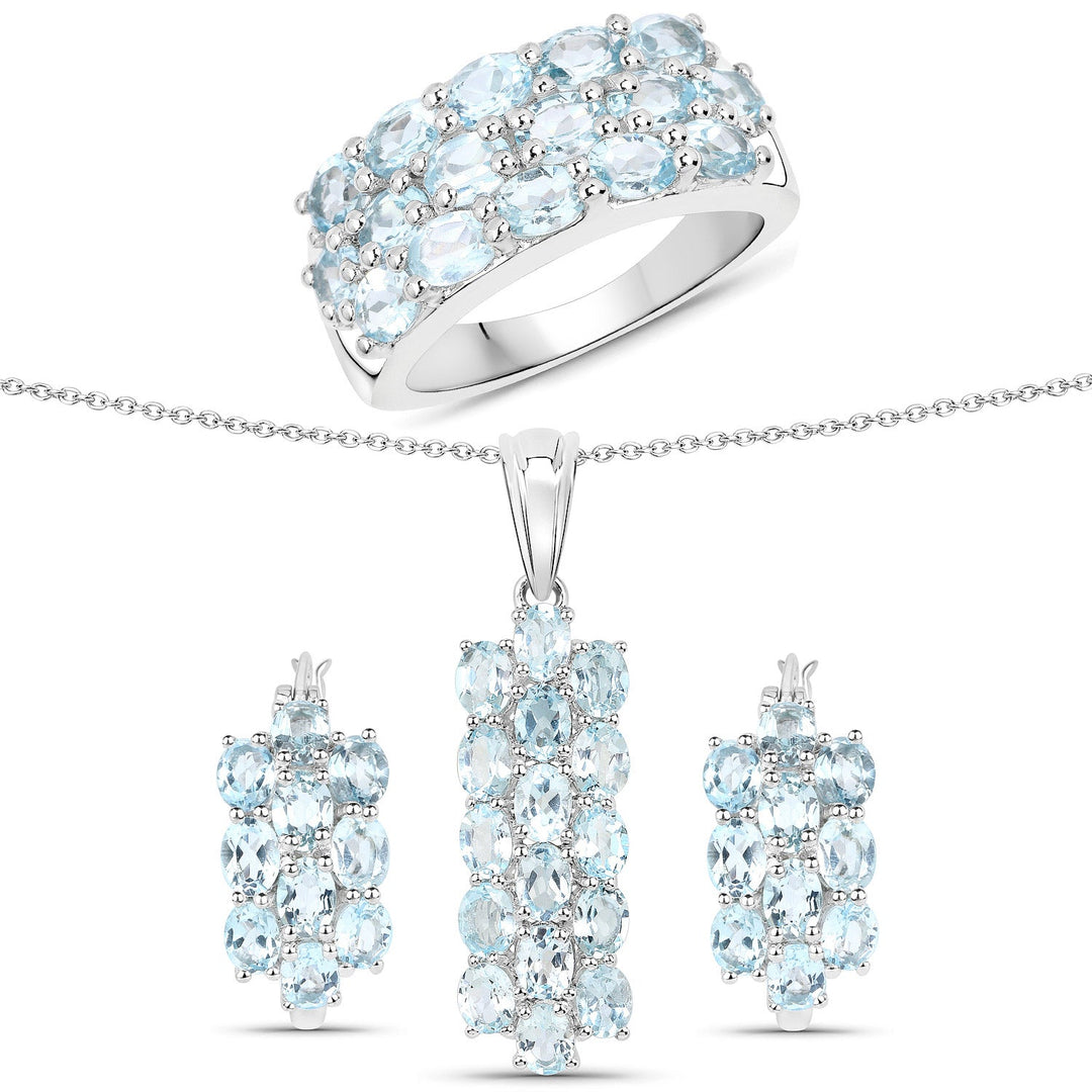 Juego de joyas de 3 piezas de topacio azul auténtico de 9,88 quilates y plata de ley .925 (anillo, pendientes y colgante con cadena)