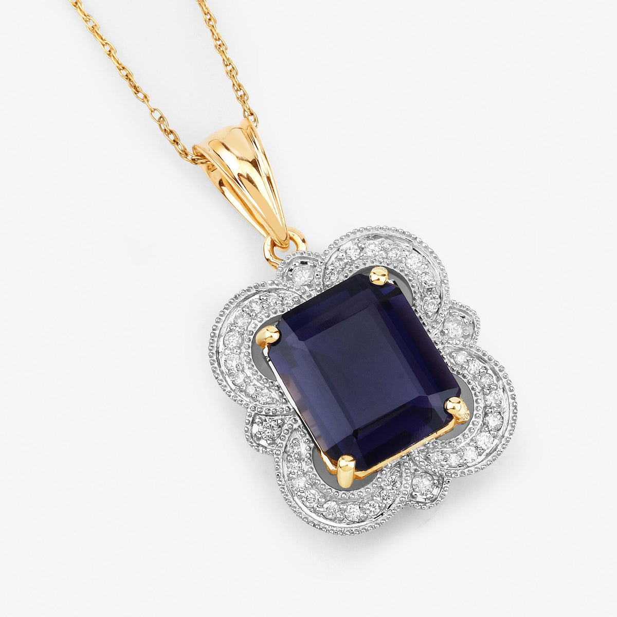 Colgante de oro amarillo de 14 quilates con iolita genuina de 4,07 quilates y diamantes blancos