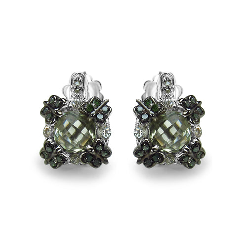 Pendientes de plata de ley .925 con 2.91 quilates de amatista verde genuina, zafiro blanco y diamantes verdes