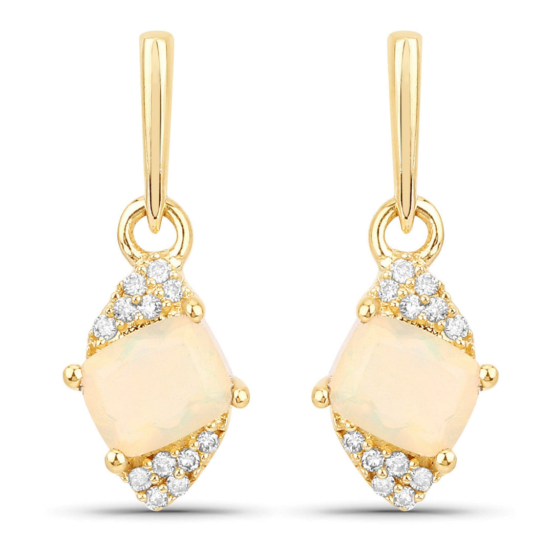 0.57 Carat Genuine Ethiopian Opal and White Diamond 14K Yellow Gold Earrings