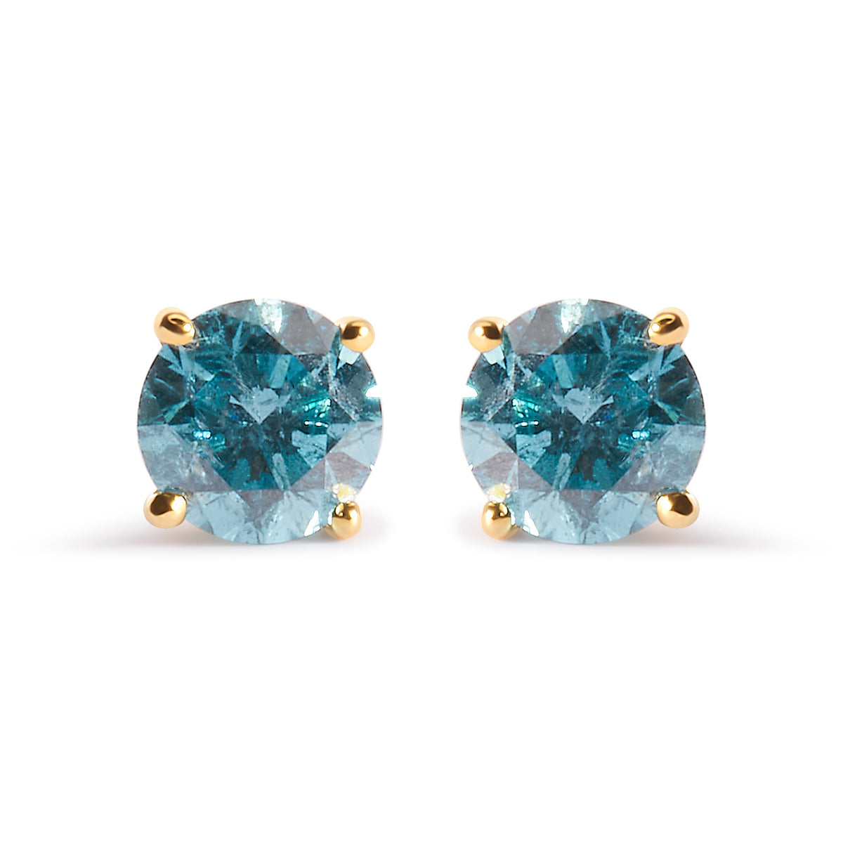 Pendientes de tuerca solitarios clásicos de oro amarillo de 14K con diamantes azul aguamarina tratados de 1,0 Cttw (color azul aguamarina, claridad I2-I3)
